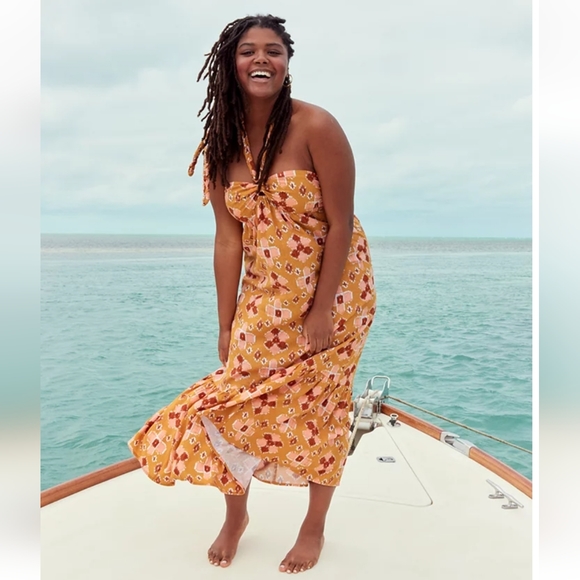 Aerie Linen Blend High Low Halter Maxi Sundress Size Large Yellow,Pink & Red - Picture 6 of 16